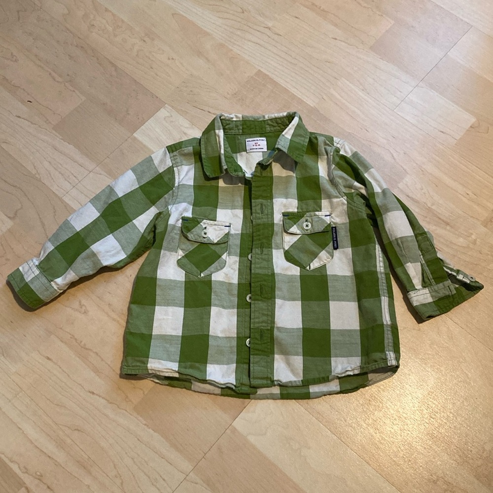 Polarn O. Pyret green and white checkered long sleeve button down - 9-12 months
